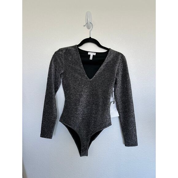 Leith Silver and Black Lurex Long Sleeve Body Suit - S - Picture 1 of 3